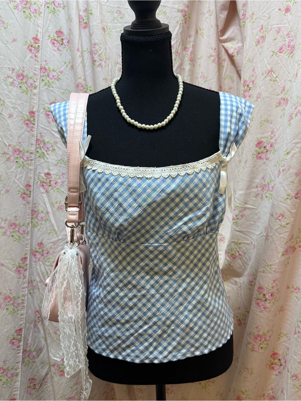 Cider Blue & White Gingham Lace-Trim Square Neck Camisole